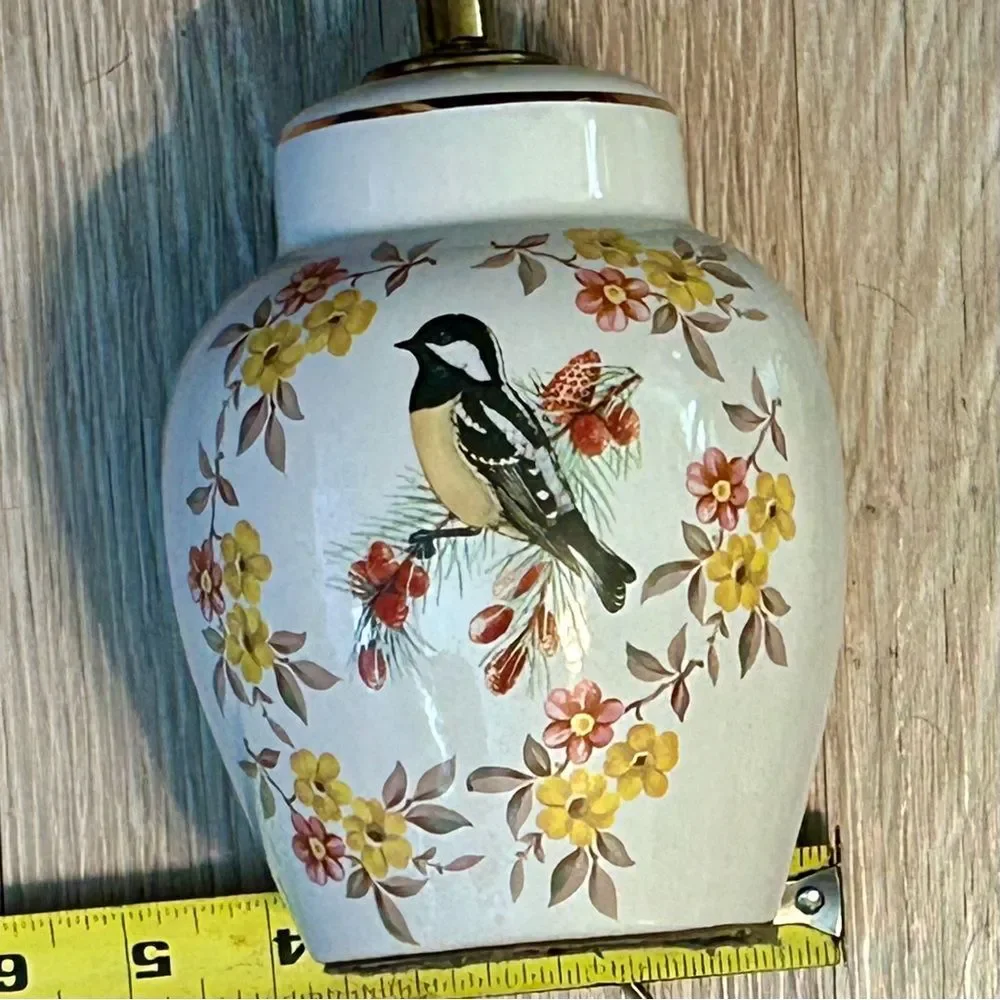 Vintage Bird Lamp Porcelain Painted Bedside Table Jar Floral Asian Design 9” - Picture 7 of 13